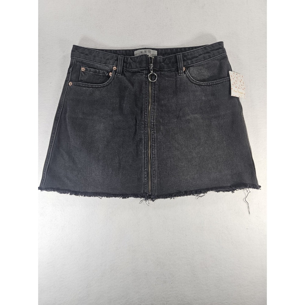 NWT Free People We The Free Black Denim Zip Front Skirt Raw Frayed Hem